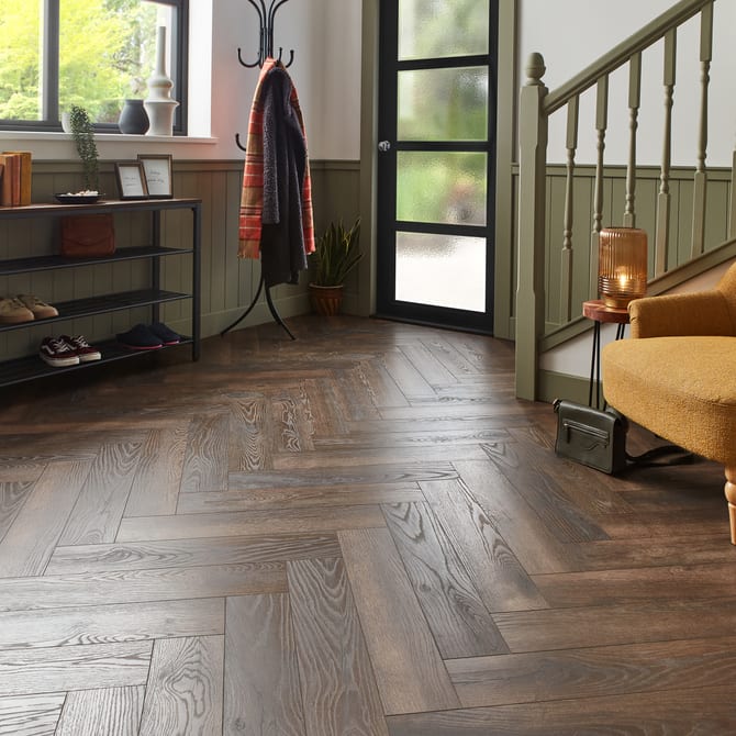 4032271188138 Kronotex Grasmere Herringbone 8mm Laminate Flooring Espresso Oak Lifestyle